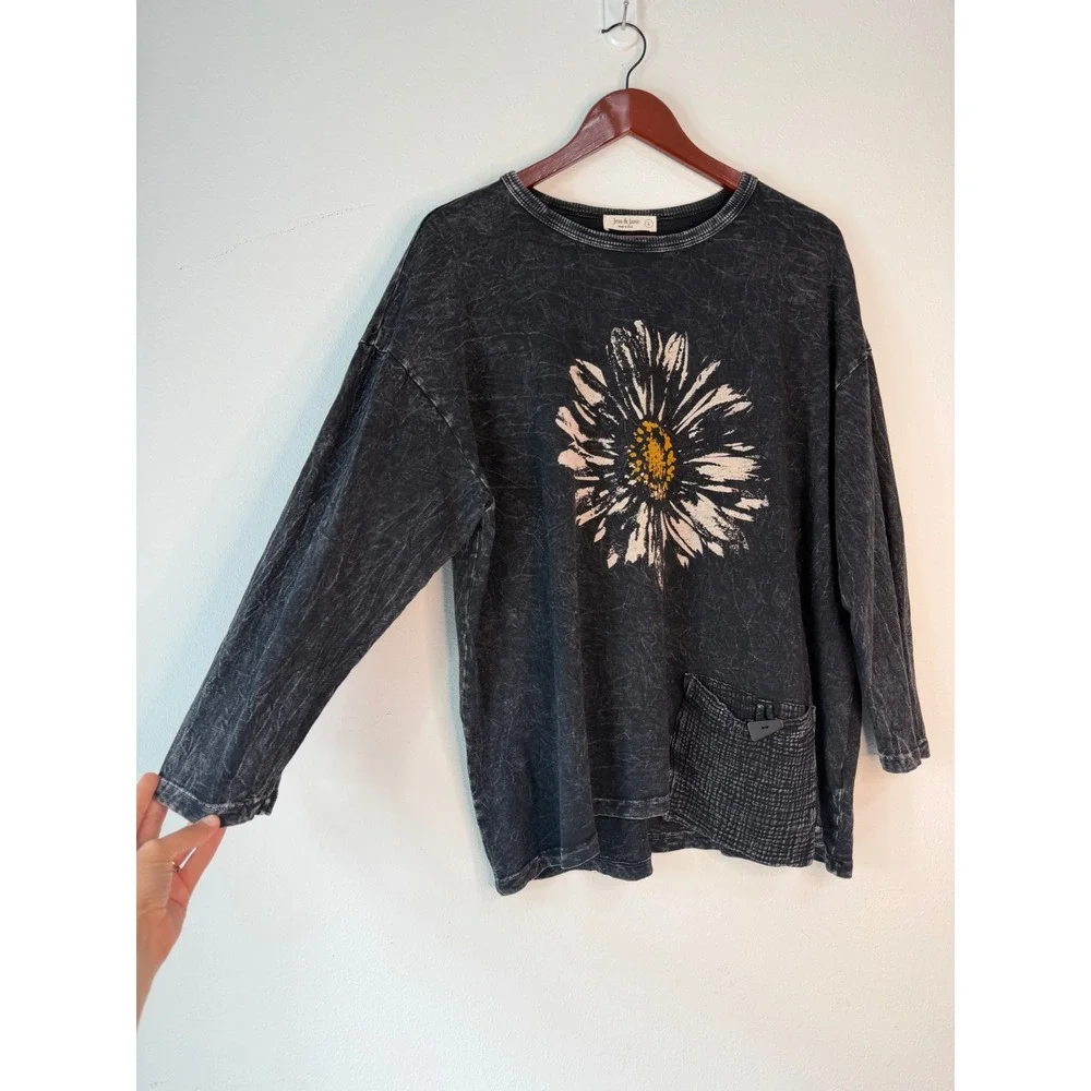 Jess & Jane Black Mineral Washed Daisy Tunic Top Womens Large Boho Lagenlook - Picture 3 of 11